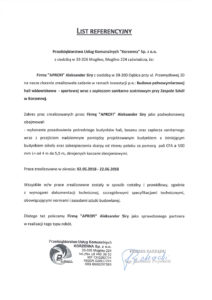 List referencyjny za wykonanie pali CFA dla hali widowiskowo-sportowej przy Zespole Szkół w Korzennej